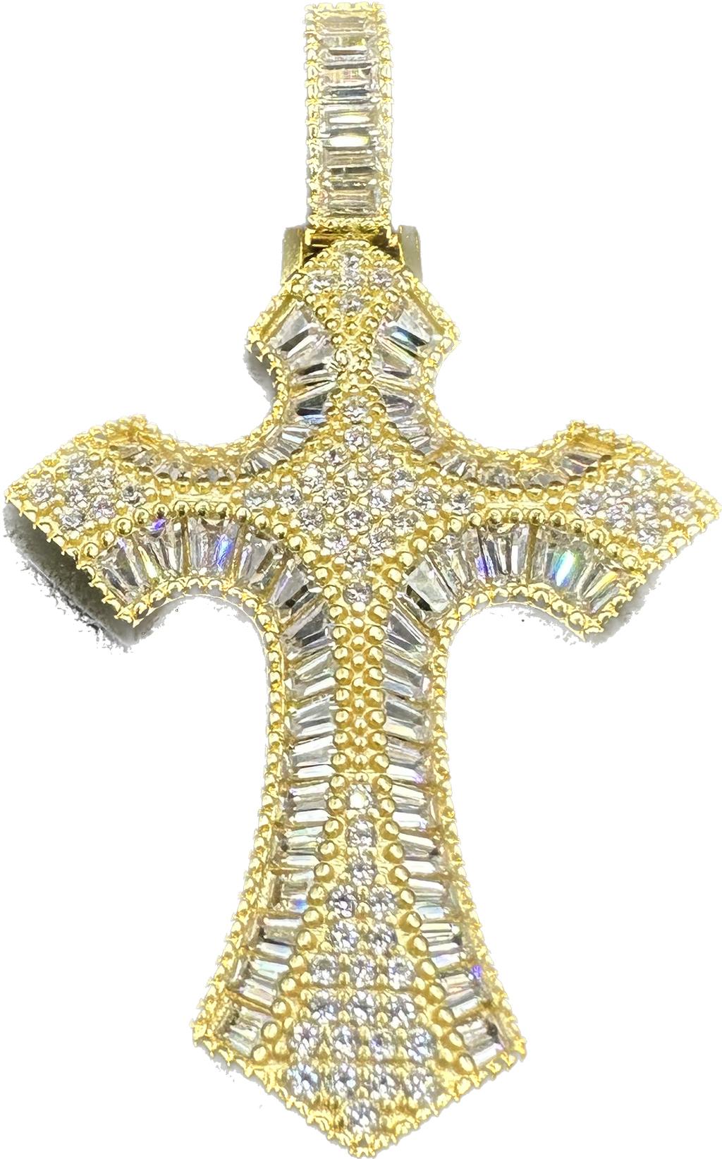 yellow silver cross pendant with Burgett stones