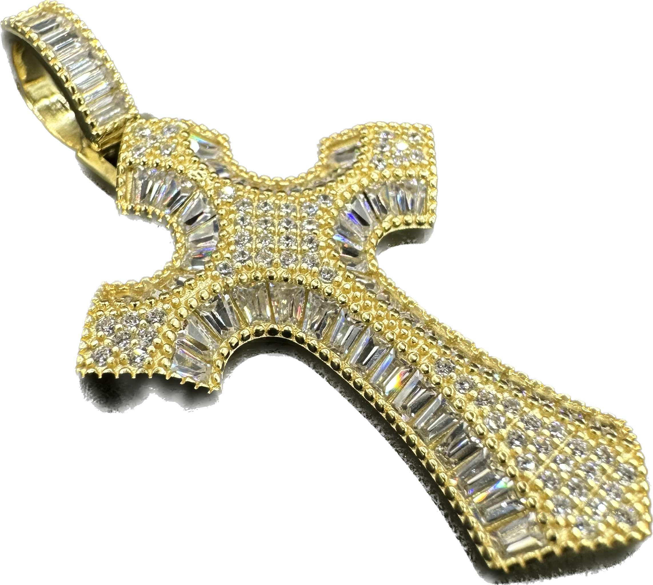 yellow silver cross pendant with Burgett stones